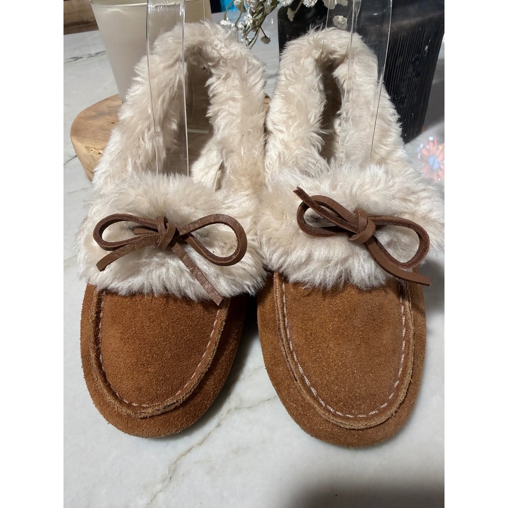 Vionic Women's Juniper Suede Faux Fur Orthotic Moccasin Slippers – Chestnut Sz 6
